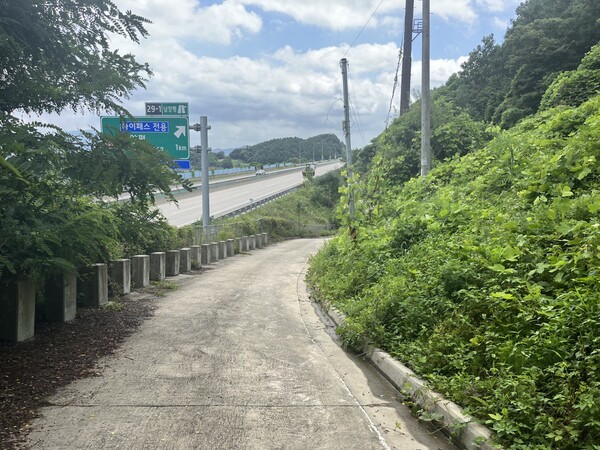 김건희 씨 일가의 병산리 땅으로 향하는 진입로. 보상 직전 필지 쪼개기와 지목 변경으로 고액의 보상을 받은 뒤 도로공사로부터 무료로 제공받은 김건희 일가 땅 전용도로다. 왼쪽이 중부내륙고속도로. 오른쪽은 김 씨 일가의 땅(대지, 병산리 100-23번지). 2023.7.6. 김성진 기자