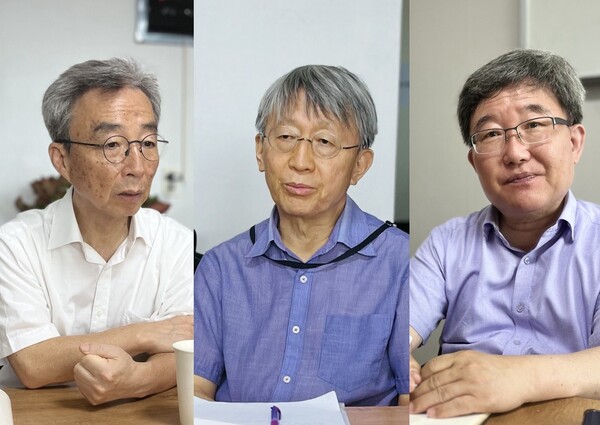 일본의 핵오염수 투기에 대해 관련 국내 전문가들이 시민언론 민들레에서 대담을 가졌다. 왼쪽부터 백도명 교수, 최무영 교수, 이정윤 대표. 시민언론 민들레