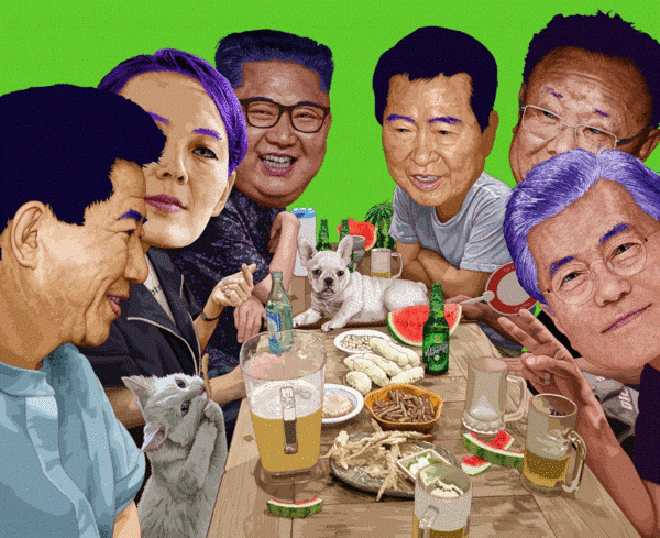 ‘하나둘셋 김치~’ (이하 작)  ▲작가의 말 “난 가끔 꿈을 꾼다. 상상해보자~. 남한과 북한의 젊은이들이 같은 학교를 다니고 같은 회사에서 열심히 일하는 상상. 두 배의 땅덩이와 8000만의 인구로 더 큰 시장을 만드는 상상. 원산 앞바다에서 스킨스쿠버를 하고 개마고원에서 캠핑하고, 기차 타고 유럽에 가서 손흥민 축구 경기를 보고, 우리 공장에서 만든 값싸고 좋은 물건을 기차에 실어 전세계로 실어나르는 상상. 유럽인들이 기차 타고 한국에 들어와 보령 머드축제를 즐기고 전주 비빔밥을 먹는 상상. 나는 한국전쟁 당시 실종되신 나의 큰아부지와 사촌들을 찾는 상상을 한다. 당신은 무엇을 상상하시는가? 한반도의 평화는 어느 민족, 어느 국가도 갖지 못한 엄청난 상상력 덩어리다. 나는 한반도의 평화를 원한다. 나는 통일운동을 하는 화가이다.”