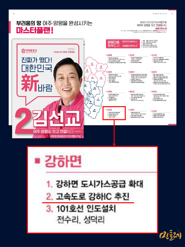 김선교 전 의원은 "21년 예타 통과 후 민주당 여주·양평지역위 읍면 간담회에서 강하IC 요구가 처음 나왔다"고 주장했지만, 김 전 의원은 그 이전인 2020년 4월 총선 당시 '강하IC'를 공약으로 제시했었다. 2023.7.19 그래픽 민들레. 이미지 출처 중앙선거관리위원회