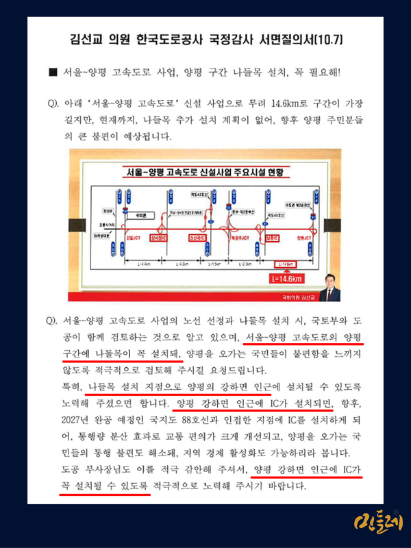 김선교 전 의원은 2022년 국정감사 당시 한국도로공사에 '강하IC' 설치를 요청하는 서면질의를 보냈다. 여기서 김 전 의원은 '강하면 인근의 IC'라고 표현해 자신의 생각과 민주당의 요구가 같은 내용이라는 것을 알고 있었다. 출처 민주당 김두관 의원실. 그래픽 민들레