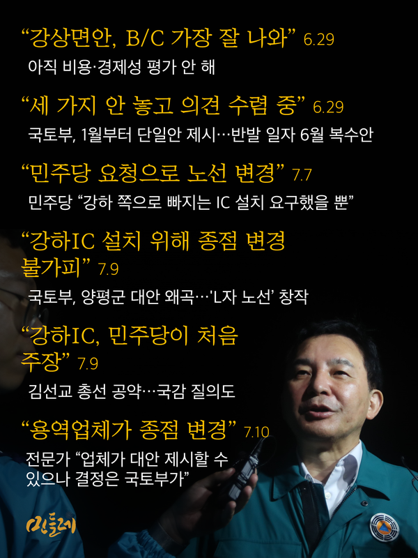 원희룡 국토부 장관은 6월 29일 민주당 김두관 의원의 국회 국토위 질의에 대한 답변부터 서울-양평고속도로 의혹에 대한 여러 답변을 내놨지만 대부분의 허위의 내용이었다. 2023.7.19. 그래픽 민들레