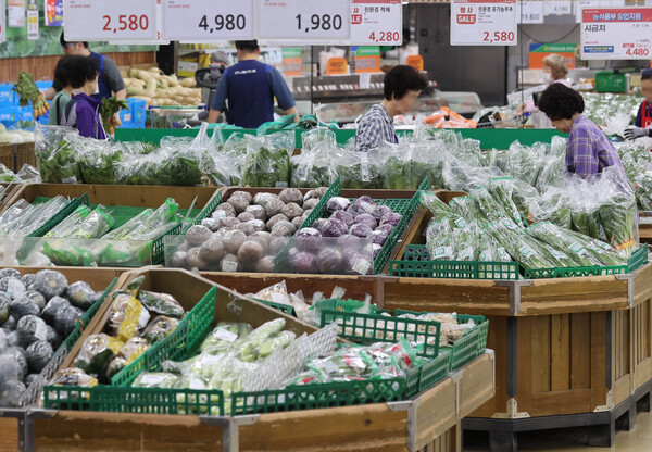 지난주 내린 집중호우로 농산물 가격이 급등하자 농림축산식품부는 상추, 시금치, 깻잎 등 일부 품목에 대해 '정부 할인'을 지원하기로 했다. 사진은 20일 서울 한 대형마트에서 장을 보는 시민의 모습. 2023.7.20. 연합뉴스
