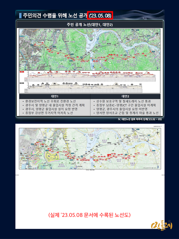 국토부 설명(위)에는 2023년 5월 8일 공개한 문서에 변경안(대안1)과 원안(대안2)를 상세 비교한 내용이 수록돼있는 것처럼 돼있지만, 실제 2023년 5월 8일 문서(아래)에는 그런 내용이 없다. 2023.7.24. 그래픽 민들레