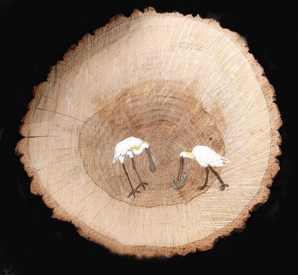 ‘저어새도 한반도의 평화를!’ (성효숙 작 / 참나무 조각, 아크릴물감) ▲작가의 말 “파주의 민통선 안에서 잘린 참나무에 멸종 위기 생명들을 그렸다.”