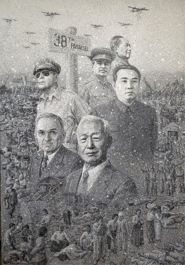 ‘윗대가리들’ (안한수 작) ▲작가의 말 “6.25 남북전쟁과 관련된 나라들의 수뇌들인 이승만, 김일성, 투르먼, 맥아더, 스탈린, 마오쩌뚱을 그린 것이다. 동서고금 정치인들은 전쟁을 일으키지만 희생은 항상 일반 국민과 하급 병사들이었다.”