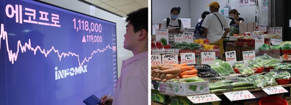 올해 들어 대기업 집단 상장사의 시가 총액은 350조 원이나 크게 오른 반면, 소상공인과 전통시장의 체감 경기는 바닥권이다. 왼쪽은 시가 총액이 60조 가까이 불어나면서 대기업 집단 순위가 15위에서 일약 6위로 올라선 에코프로의 주가가 지난달 18일 100만 원을 돌파한 것을 나타내는 전광판. 오른쪽은 지난달 9일 장마와 무더위에 채소값이 크게 오른 서울 망원시장의 모습. 2023.7.18, 2023.7.9. 연합뉴스