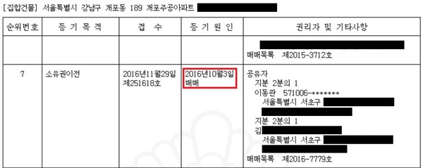 이동관 후보자 부부가 매입한 개포주공 4단지 부동산 등기부 등본. 2023.8.3.