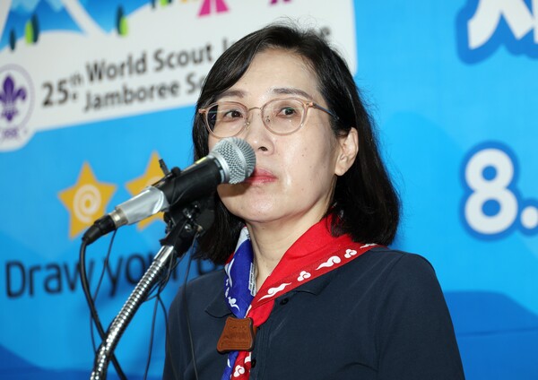 김현숙 여성가족부 장관이 8일 전북 부안군 잼버리 프레스센터에서 잼버리 참가자들의 퇴영 계획을 밝혔다. 2023.8.8. 연합뉴스