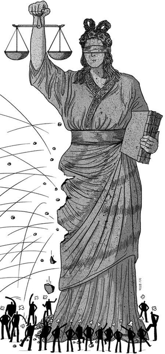 조선일보의 '사법부 린치 막말, 신상털기, 음모론…국회의원까지 가세한 판사 때리기' 기사에 첨부된 삽화. 조선일보 홈페이지