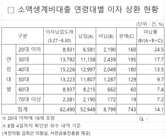 소액생계비 대출 연령대별 이자 상환 현황자료=서민금융진흥원, 국회 정무위 김희곤 의원실