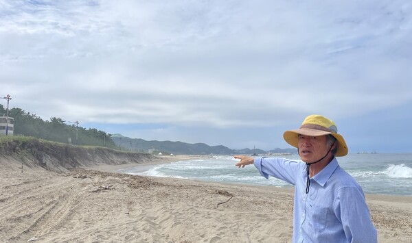 항만 공사 때문에 침식이 일어난 맹방 해변을 성원기 교수가 가리키고 있다. 시민언론 민들레