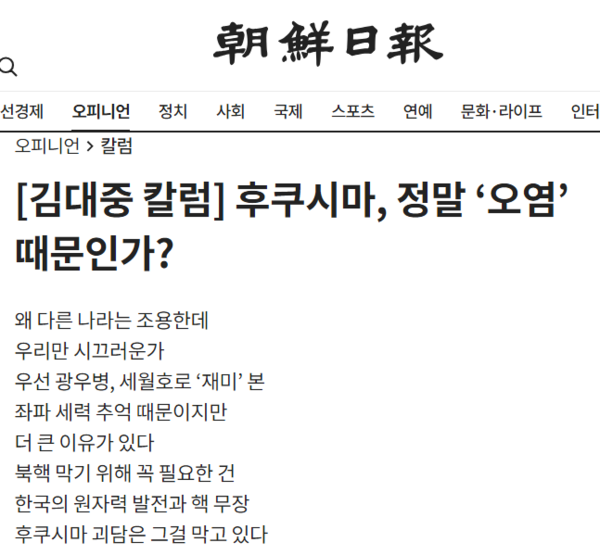 조선일보 홈페이지에서 김대중 칼럼 화면 갈무리