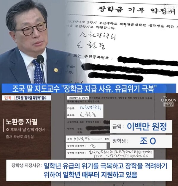 2019년 8월 30일 TV조선의 '기부약정서 단독 입수' 보도. 당시 언론은 기부약정서에 기재된 "일학년 유급 위기 극복 장학 격려"라는 지정 사유가 특혜와 불공정의 근거인 양 보도했다. 