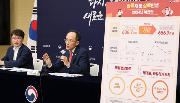 추경호 경제부총리 겸 기획재정부 장관이 지난 24일 세종시 정부세종청사에서 2024년 예산안 및 2023~2027년 국가재정운용계획을 발표하고 있다. 왼쪽은 김동일 예산실장. 2023.8.29. 연합뉴스