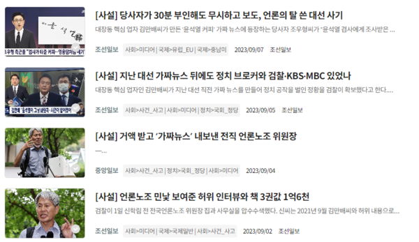 '빅카인즈' 조선일보, 중앙일보 9월2일~8일까지 '신학림' 관련 사설 검색 장면 갈무리