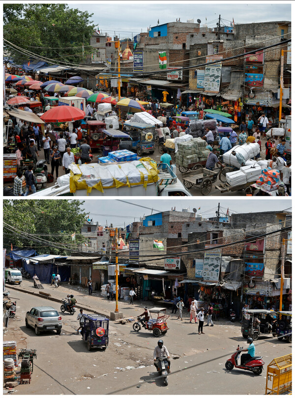 G20 정상회의가 열리는 인도 뉴델리 시장 모습. 위는 9월 6일 찍은 사진. 같은 시장이지만 개최 전날인 8일에는 아래 사진처럼 노점상 등이 모두 비워졌다. 2023. 09.08 [로이터=연합뉴스]