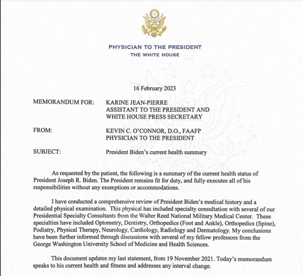 조 바이든 대통령의 주치의 케빈 오코너가 지난 2월 16일 백악관에 제출한 대통령 건강 소견서 사본. 2023.2.16. 백악관 누리집