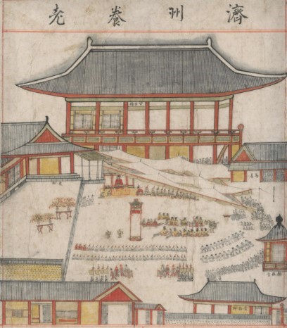 제주목사 이형상이 100세 이상 3명 등 제주목 노인 183명을 초청해 망경루 앞에서 연 양로잔치. 그가 저술한 '탐라순력도'에 실려 있다. © 탐라순력도