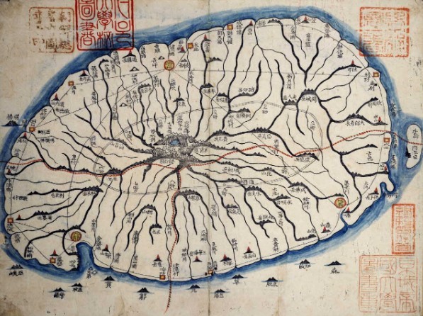 김정호의 대동여지도에 한라산 북쪽 제주목과 남동쪽 정의현, 남서쪽 정의현의 위치와 경계선이 붉은색으로 그려져 있다. © 서울대 규장각