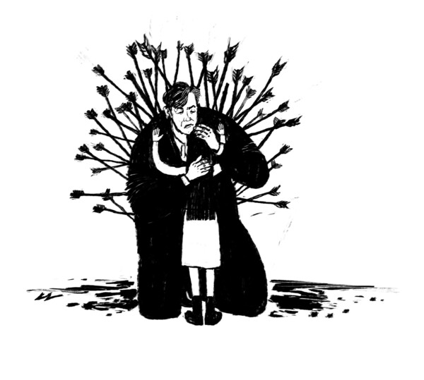 ‘아비’ (백영욱 작) ▲작가의 말 “화살 정도는 감내할 만큼 훌쩍 커버린 딸이다. 그러나 아비의 눈엔 아기다. 소중한 내 아기에게 쏟아지는 화살을 몸을 더 부풀려 다 막아낸다.”