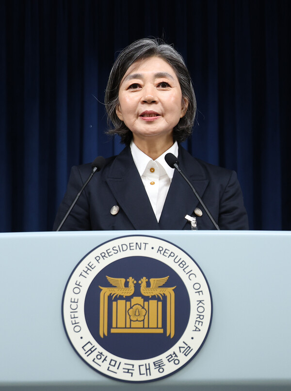 김행 여성가족부 장관 후보자가 13일 서울 용산 대통령실 청사에서 열린 김대기 대통령 비서실장의 2차 개각 발표 브리핑에서 소감을 밝히고 있다. 2023.9.13. 연합뉴스