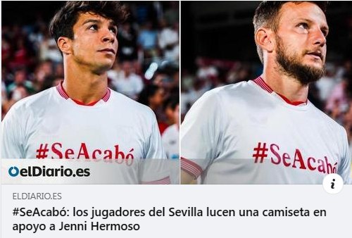 스페인 남성 축구 선수들도 '이제 끝이다'라고 쓰인 경기복을 입고 여성 선수들에 연대했다. 스페인 시민들이 SNS에 올린 이미지