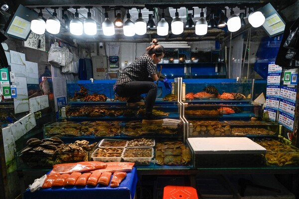22일 중국 베이징 징선(京深) 수산시장에서 한 상인이 일하고 있다. 7월 경제지표가 줄줄이 부진하게 나오며 중국 경제에 대한 우려가 커지는 가운데 전날 정부의 재정 수입 증가세도 둔화한 것으로 나타났다. 2023.08.22. AFP 연합뉴스
