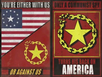 5-60년대 냉전시대를 배경으로 만들어진 비디오 게임 ‘Fallout 76’에 삽입된 포스터. ‘당신은 우리 편인가 적인가. 공산 간첩만이 미국에 등을 돌린다.’라고 쓰여 있다.