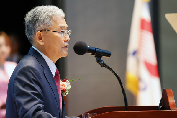 20일 오전 전남 나주시 빛가람동 한국전력 본사에서 김동철 신임 사장이 취임사를 하고 있다. 2023.9.20. 연합뉴스