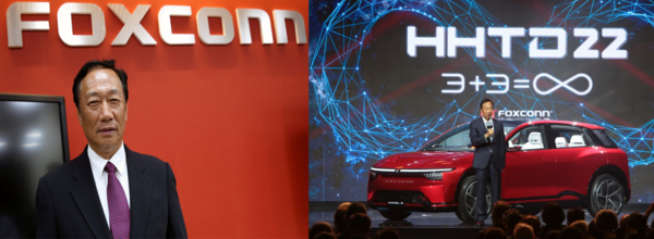 홍하이그룹 회장 시절의 궈타이밍(왼쪽)과 2022년 10월 18일 자체개발 전동차 ＭODEL B 시승식.