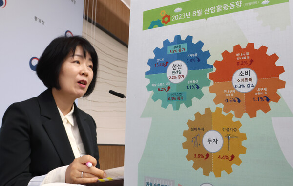 김보경 통계청 경제동향통계심의관이 4일 오전 세종시 정부세종청사에서 2023년 8월 산업활동동향을 발표하고 있다. 2023.10.4. 연합뉴스