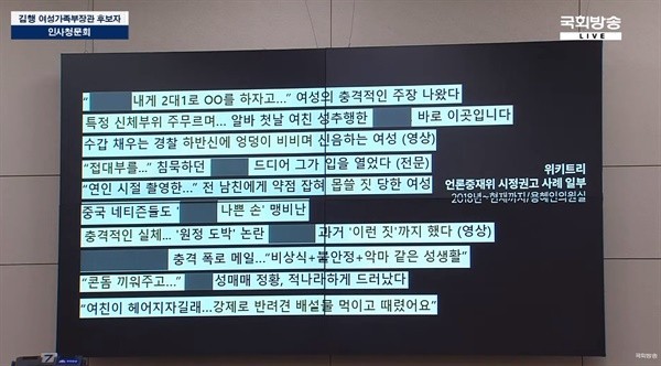 용혜인 의원이 청문회에서 PPT 자료로 만들어 예시한 위키트리의 기사들.  국회방송 