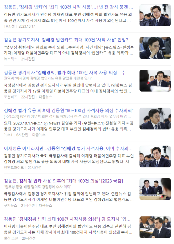 포털 다음의 '김혜경' 검색 결과 화면 갈무리