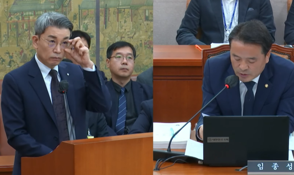 이재환 한국관광공사 부사장(왼쪽)과 민주당 임종성 의원. 지난 19일 국회 문화체육관광위원회 국정감사 화면 갈무리