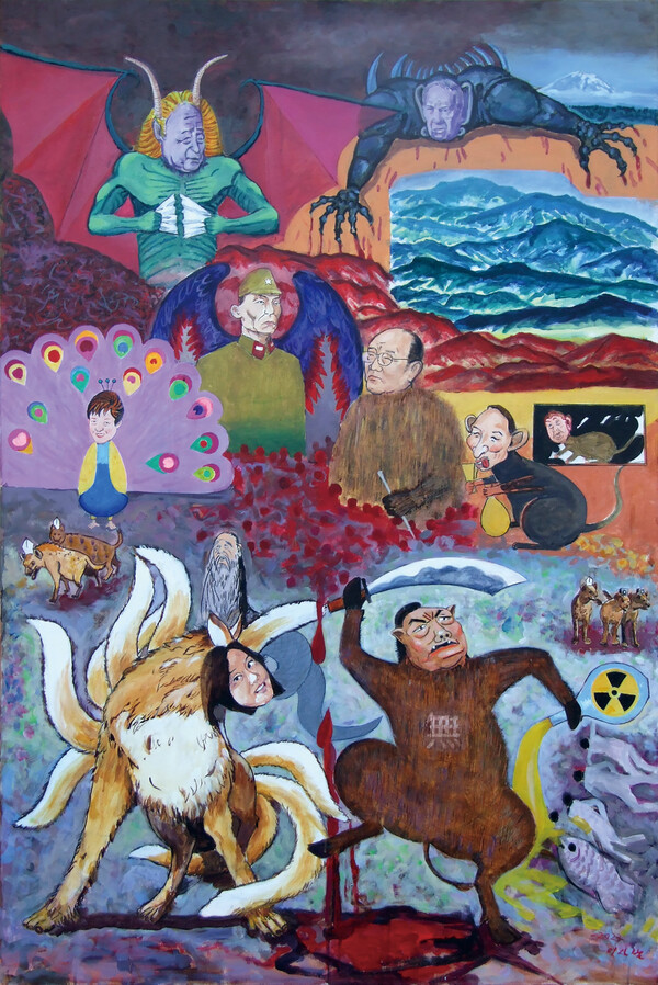 이사범 작 ‘인두겁’(145.5×97cm 켄버스에 아크릴)“인두겁. 사람탈을 쓴 짐승. 일제강점 암흑기 빛을 찾기 위해 싸운 독립투사가 부정 당하는 때... 우리나라 수장들은 과연 나라와 국민의 미래를 위해 일 했을까? 지금 우리는 좋은 국가 수장을 가졌나?”