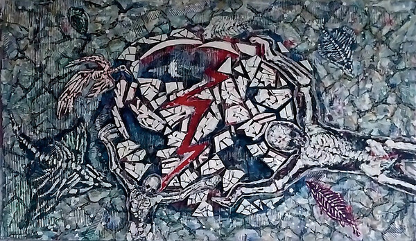 조현 작 ‘누구도 면죄부를 줄 수는 없다’(70x150cm 골판지에 혼합재료)“기후위기는 편리함만 추구하는 우리 모두에게 책임이 있다. 인간의 악행에 그 누구도 면죄부를 줄 수 없으며 죄가 있으면 벌을 받아 마땅하다. 지금이 중요하다.(영화 '푸른 소금'에서는 세상에서 가장 소중한 세 가지 중에 첫째가 황금, 둘째가 소금, 그리고 지금이라고 한다.)지금은 시간을 의미하는 것처럼 보인다. 시간은 그 무엇과도 바꿀 수 없다. 온실가스로 인한 지구온난화와 환경오염(후쿠시마 오염수 방류 포함)으로 많은 동식물이 멸종위기에 처해있고, 인간도 예외는 아니다. 힘없는 취약계층은 더 힘들어진다. 누구도 면죄부를 줄 수는 없다. 왜 반성하지도 않는 일본의 악행에 면죄부를 주는지 이해할 수 없다.”