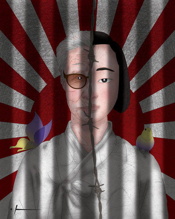 조아진 작 ‘Since 1910 창살 없는 감옥’(90.9x72.7cm digital painting)“1910년의 그때와 2023년의 오늘. 그때의 우리의 소녀들은 할머니가 된 지금까지도 일제의 감옥 안에 갇혀 있다.”