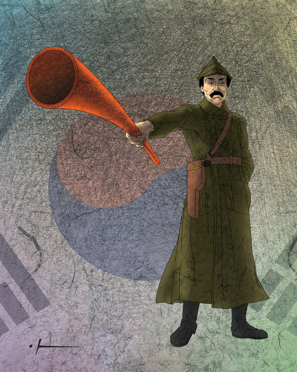 조아진 작 ‘내가 홍범도다! 뻗쳐!’(90.9x72.7cm digital painting)“어떤 치들은 몽둥이가 약인 경우가 있다. 그리고 어떤 대통령은 대학생 때까지도 아버지에게 고무호스로 많이 맞고 자랐다고 하던데, 그때 좀 매가 좀 부족했던 것 같다.” 