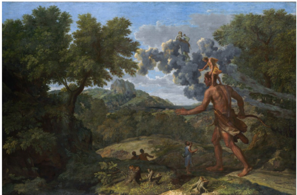 니콜라 푸생(Nicolas Poussin)은 거인이자 맹인인 오리온의 어깨 위에서 난장이 케달리온이 길을 인도하는 장면을 그렸다. © 뉴욕 메트로폴리탄미술관
