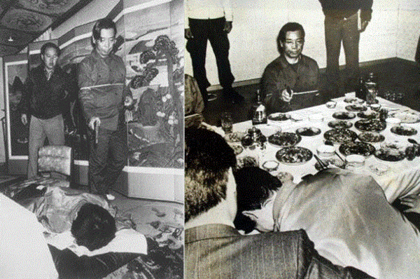 1979년 김재규가 ‘박정희 시해’ 현장에서 사건 당시를 재연하고 있다. 연합뉴스 자료 사진