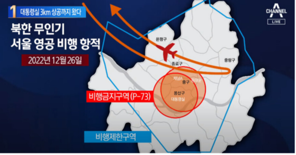 2022년 12월 26일 북한 소형무인기가 우리 영공을 침범해 대통령실이 있는 용산 일대까지 비행한 것이 뒤늦게 밝혀졌다. 2022.12.26. 채널A 화면 캡처