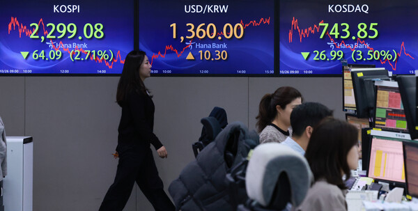 26일 오후 서울 중구 을지로 하나은행 본점 딜링룸 현황판에 코스피, 원/달러 환율, 코스닥 지수 종가가 표시돼 있다. 2023.10.26. 연합뉴스