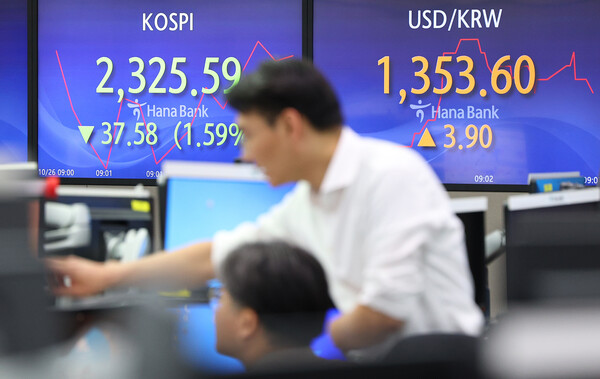 미국 주식시장 급락에 코스피와 코스닥 지수가 하락세로 출발한 26일 오전 서울 중구 하나은행 딜링룸에 지수가 표시돼 있다. 이날 코스피는 개장 후 40포인트 가까이 하락하며 2,320대를 기록했다. 코스닥 지수 역시 전장 대비 20포인트 가까이 하락한 750대를 기록하며 거래를 시작했다. 한편 서울 외환시장에서 원/달러 환율은 상승 출발하며 1,350원대를 기록했다. 2023.10.26. 연합뉴스