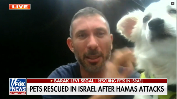 폭스뉴스 기자가 지난 21일 하마스의 공격을 받은 이스라엘 마을에서 구조된 강아지를 안고 있다. 폭스뉴스는 하마스의 공격 2주가 지난 지금도 이스라엘의 피해현황을 주로 전하고 있다. 팔레스타인 아이들의 고통을 조명한 기사는 찾기 어렵다. 2023.10.21. 폭스뉴스 방송 캡처