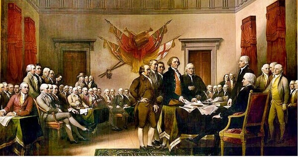 1776년 6월, 대표 집필자들이 제2차 필라델피아 대륙의회에 독립선언서 초안을 제출하는 모습. 화가 존 트럼불의 1818-9년 작품. ‘독립선언(Declaration of independence).’