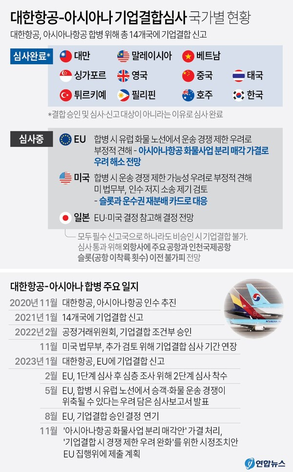  대한항공과 아시아나항공 기업결합심사 국가별 현황. 연합뉴스