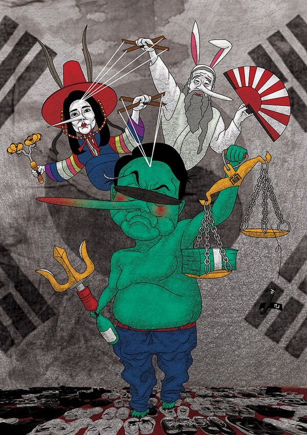 윤석열 대통령이 이태원 참사 희생자들의 신발을 밟고 있다. 조아진 그림