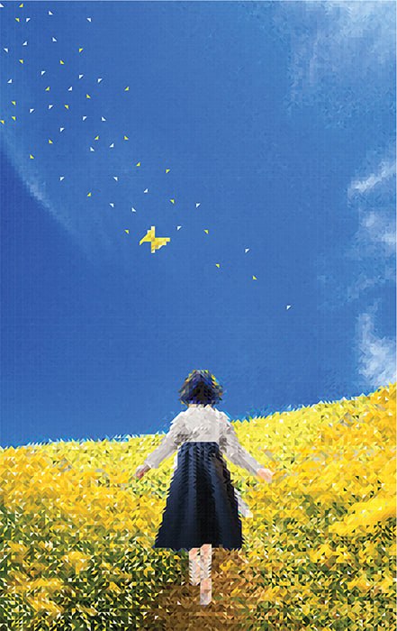 한 '위안부' 소녀가 맨발로 꽃밭을 걷고 있다. 조아진 그림