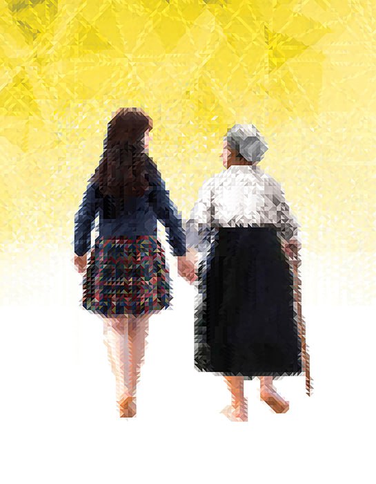 미순이자 효순이인 소녀가 '위안부' 할머니의 손을 잡고 고통 없는 세상을 향해 맨발로 걷고 있다. 